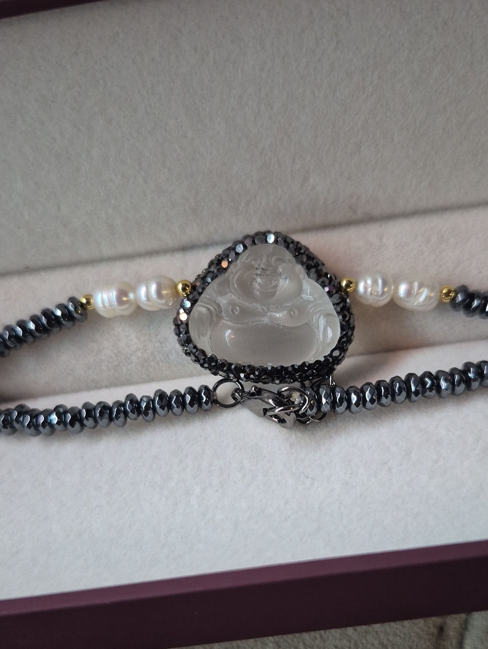 White Jade Laughing Buddha Necklace with Hematite and Pearl Accents